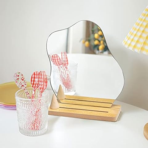 NeuType Glass Makeup Mirror for Desk with MDF Base, Aesthetic Desk Decor Frameless Vanity Mirror with Ring Holder, Decorative Desk Mirror Room Decor Mirror, Portable Table Desk Mirror, Natural Cover
