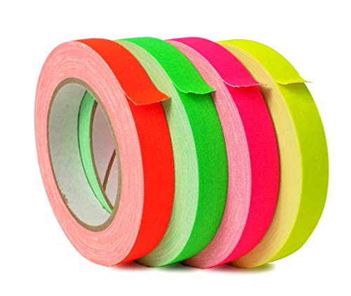 Image of WOD GTMC12F Fluorescent Multi-Color Rainbow Gaffer Tape, 3 inch x 25 yds. (4-Rolls) Gym School Pack Floor Marking Tape, Secures Cables, & No Sticky Residue