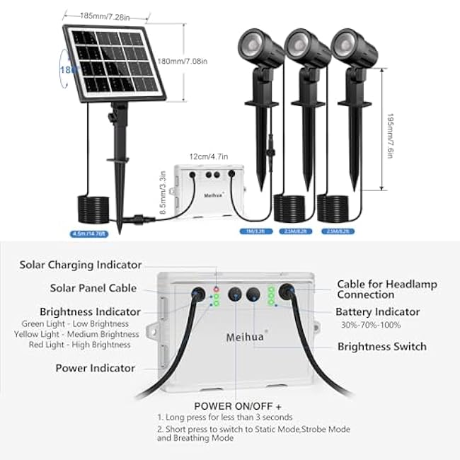 MEIHUA Solar Spot Lights Outdoor, 3 in 1 Landscape Spotlights 2700K Warm White, 3 Lighting Modes & 3 Brightness, IP66 Waterproof Solar Lights Outdoor Garden for Pathway Driveway Yard Tree