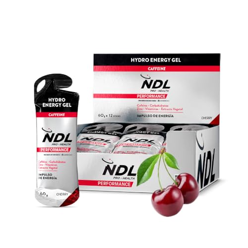 NDL Pro-Health Hydro energy gel - Gel energético deportivo con carbohidratos y sales minerales, bajo en azúcar, aporte energético inmediato, apertura fácil, con cafeína, sabor cherry, Pack 12-720g