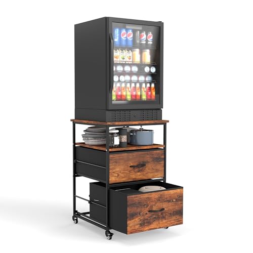 Suuiwau Mini Fridge Stand with Storage Mobile Refrigerator Table Mini Fridge Cabinet Rolling Compact Fridge Cart Beverage Fridge Table with Wheels for Kitchen Bedroom Office Dorm, Vintage Brown