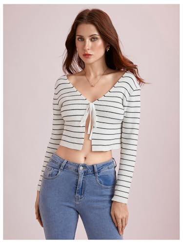 Image of Floerns Women's Tie Front Long Sleeve Rib Knit Shrug Sweaters Cardigan Crop Top