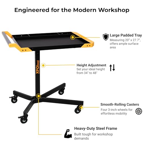 Image of Adjustable Height Mobile Work Table, Rolling Tool Cart - Heavy-Duty Steel Service Stand for Mechanics, Garage, Workshop & DIY Projects - 34 inch to 48 inch Portable Workstation