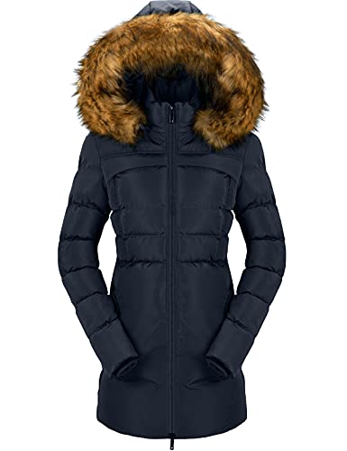 CHERFLY Women s Cotton Winter Coat Thicken Warm Long Jacket with Fur Trimmed Hood (Navy,Large)