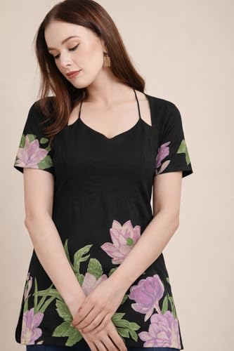 Image of Women's Floral Pure Cotton V-Neck Short Kurti (Has Lining) | Lightweight Short Sleeve Tunic | Breathable Stylish Casual & Office Wear Top
