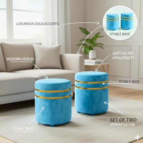 Image of Decorative Ottoman Pouffes for Sitting - Two-Piece Set of Puffy Stools and Footstools - Round Ottoman Stool for Living Room Furniture (Sky Blue)