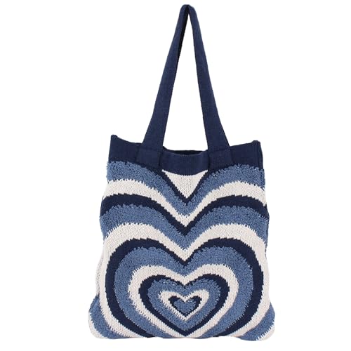 ZLM BAG US Women Crochet Shoulder Handbag Open Top Tote Bag Knitted Heart Stripe Hobo Purse Handmade Shopper Grocery Bag