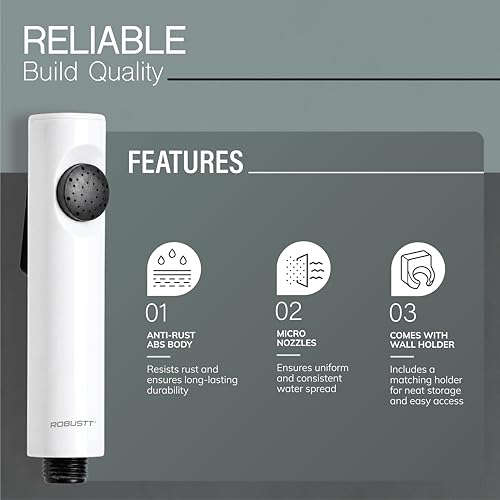 Image of Robustt Health Faucet for Toilet ABS Jet Spray Gun (White) with Wall Holder | One-Press Water Control, Anti-Rust Body, Leak-Proof | for Bathroom, Cleaning, Pet Bathing & Care