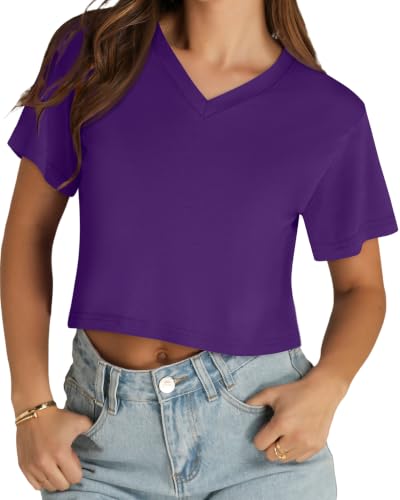 Image of Womens Crop Tops Short Sleeve V Neck Summer Cropped T Shirts Baisc Tees