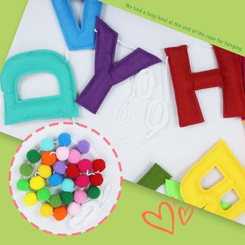 Image of 2 PCS Pre-Strung 3D Felt Happy Birthday Banner - Reusable Rainbow Happy Birthday Decorations Sign, Felt Ball Garland, Pom Pom Garland, Party Decor, Photo Prop (RAINBOW)