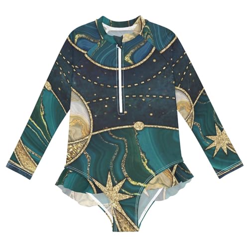 Girls One Piece Swimsuits Long Sleeve Swimsuit Zipper Bathing Suits Cosmic Galaxy Gold Marbled