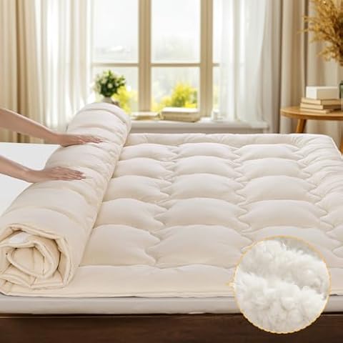 Baauye Organic Merino Wool Mattress Topper Queen Size, Extra Thick 1100 GSM Alpine Pasture Wool Mattress Pad for Back Pain Relief,800tc Cotton Cover,Medium Firm Mattress Topper (60"x80" Cream) Cover