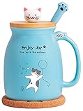 Cat Coffee Mug Cute Blue Ceramic Cup with Kawaii Wooden Kitty Lid , Lovely Cat Claw Spoon, Anime...
