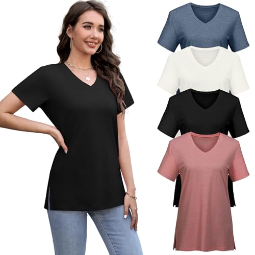 Womens 4 Pack V Neck Short Sleeve T Shirts Casual Loose Fit Tops Flowy Basic Tee Side Split Outfits Clothes