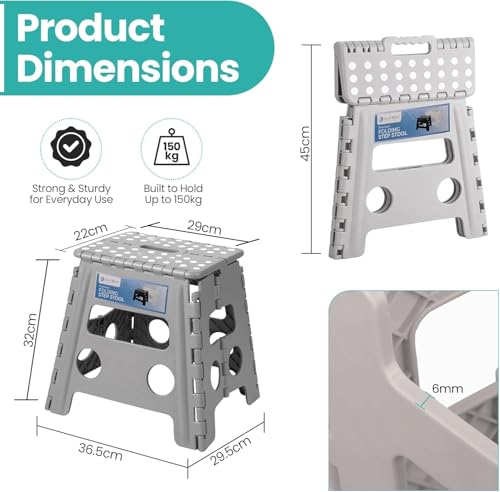 Image of 12 Inch Super Strong Folding Step Stool to Support Adults and Safe Enough for Kids. Opens Easy with One Flip. Great for Kitchen, Bathroom, Bedroom, Kids or Adults (Light Grey)