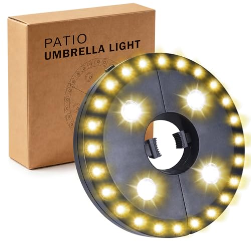OYOCO – Lumière blanche chaude pour parasol de terrasse, 3 modes de luminosité, 28 lumières LED à 200 lumens, fonctionne avec 4 piles AA, pour parasol,...