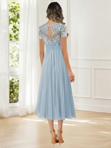 BOLENSYE Chiffon Lace Mother of The Bride Dresses Tea Length Formal Dress Short Sleeve Evening Gown for Women2