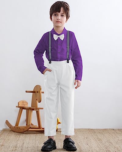 Image of SANGTREE Boys Gentleman Clothes Set, Short Sleeve Shirt with Bowtie + Suspender Pants Outfit, 3 Months - 6 Years