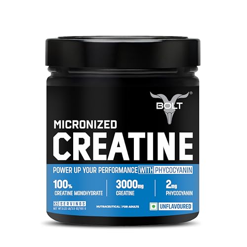Image of Bolt Micronised Creatine Monohydrate 3000 Powder|With Phycocyanine|Provides Energy Support For Heavy Workout|Formulated In Usa|100 grams (0.22Lb),33 Serving|Unflavored