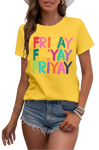 Happy Friday Teacher Shirt Women Happy Friyay T Shirt for Teachers Funny Friday Weekend Holiday Vacation Tee Tops Yellow