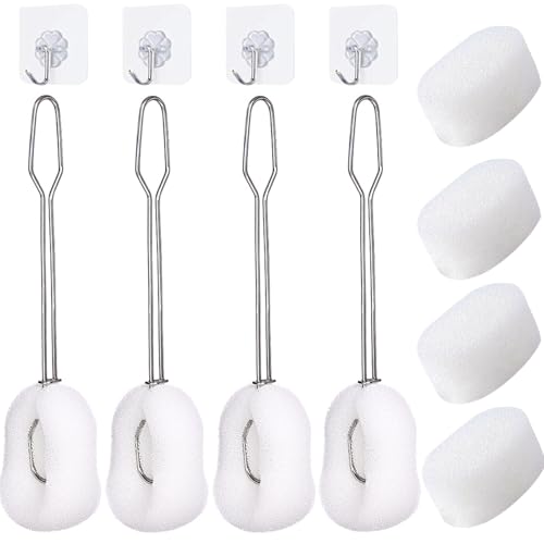 Image of Sponge Bottle Brush Set 8PCS Cup Cleaning Brush with Replaceable Sponge Stainless Steel Long Handle Bottle Scrubber Brush Baby Bottle Brushes (4 Brushes+4 Replacement Sponges + 4 Hooks)