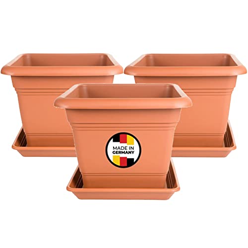 3er Set Pflanzkübel Groß Außen, Blumentopf Gross 40x40 cm, Pflanzentopf Blumentopf mit Untersetzer, Pflanzkübel Kunststoff Terracotta, Blumenkübel Pflanztöpfe Blumentöpfe Made in DE, Model: Mia