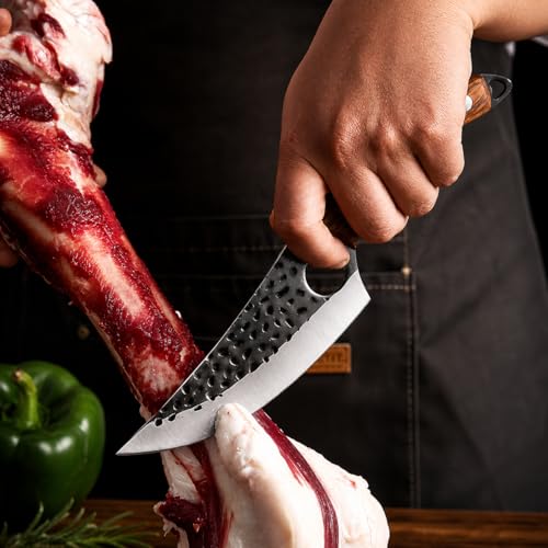 Image of Machado Forged Kitchen Utility Knife with Textured Grip Damascus Blade | Ergonomic Handle & Protective Sheath - Precision Cutting for Meat, Vegetables & Everyday Cooking - Brown