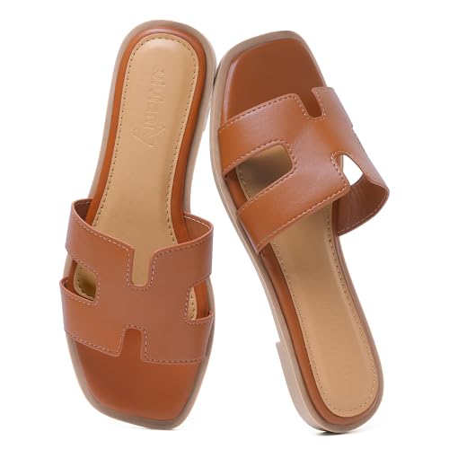 vivianly Women's Square Toe Flat Sandals Size 8 Brown