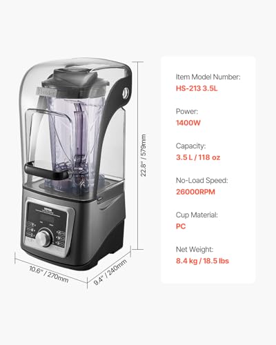 Image of VEVOR Professional Blender for Smoothies, 118 oz 1400W, with Powerful Motor, Multi-Functional Food Processing Blender with Noise Cover for Smoothie /Milkshake /Juice, Fits for Kitchen