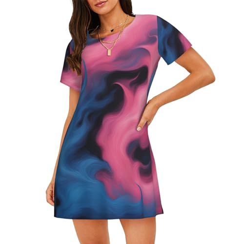 Chemise de nuit légère manches courtes femme vêtement de nuit imprimé bleu rose