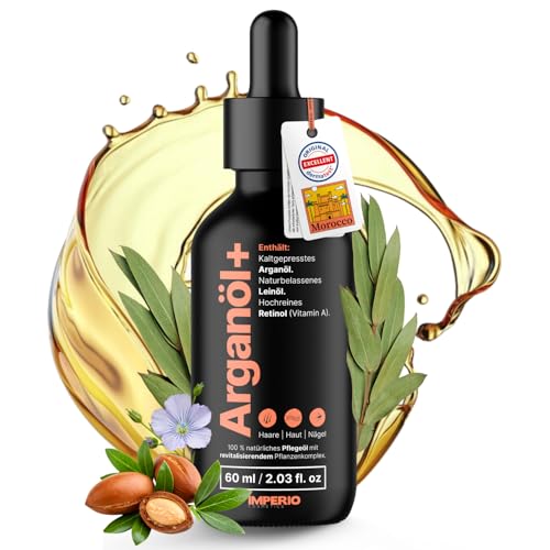 IMPERIO Arganöl kaltgepresst mit hochwertigem Retinol (Vitamin A) | 60ml | Für Haare Haut Nägel & gegen Falten | 100% naturreines Pflegeöl mit Leinsamen Extrakt | Marokkanisches Argan Oil (1er Pack)