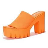 Women's Platform Sandals Block Heel Slip On, Summer Dressy Beach Shoes Round Toe Comfort Soles (Echoya) - Orange Size 11