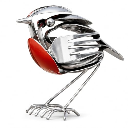 XLATD Robin Bird Scrap Metal Art Sculpture, Handcrafted Metal Robin Bird Statue, Rustic Fork & Spoon Garden Decor Gift for Bird Lovers (1pc)