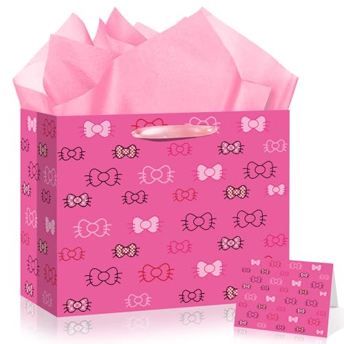 Kawaii Cartoon Birthday Paper Gift Bag for Girl Hot Pink Bow Wrapping Paper Cute Cat Party Favors Goodie Candy Treat Bag with Tissue Paper Greeting Card for Birthday Baby Shower Party Supplies 11.8