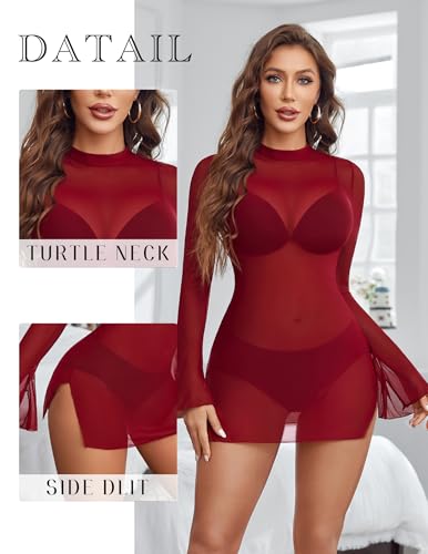 Image of Avidlove Mesh Mini Dresses for Women Bell Sleeves Bodycon Turtle Neck Split Lingerie Dress Vacation Party Outfits Clubwear