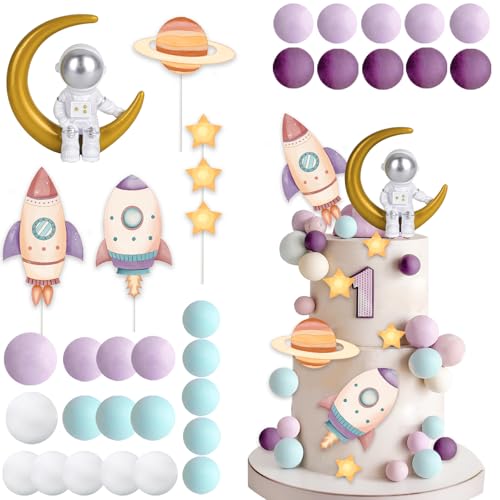 35Pcs Outer Space Cake Topper Astronaut Figurine Cake Decorations Planet Rocket Stars Pearl Balls DIY Cake Cupcake Toppers for Boys Girls Kids Space Themed Birthday Baby Shower Party Supplies
