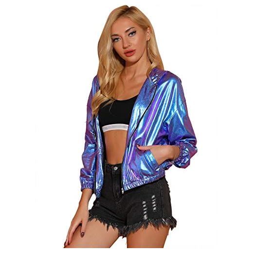 Allegra K Women's Holographic Party Shimmering Shiny Lightweight Zipper Hooded Metallic Jacket Large Blue Purple