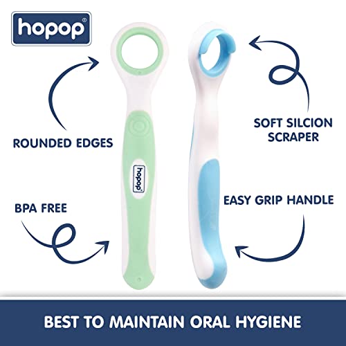 Image of Hopop Tongue Cleaner For Baby | Rounded Edges Baby Oral Cleaner Toothbrush, Manual Operation| 100% Safe Kids Tongue Cleaner | Suitable From 3+ Months | Pack Of 2 | Blue & Green