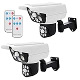 Kamera Attrappe Dummy Kamera, 2 Stück Überwachungskamera Attrappe mit Rot Blinkender LED, Kamera Atrappe Außen mit Fernbedienung, Solar Betriebene Simulierte Dummy Surveillance Sicherheit Kamera
