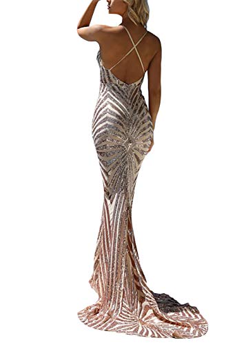 Ohvera Women's Spaghetti Strap Sequined V Neck Party Cocktail Evening Prom Gown Mermaid Maxi Long Dress Gold Medium - Thumbnail 7