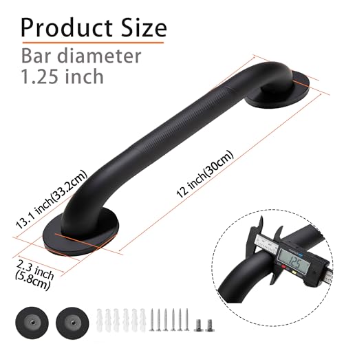 Rackickyer Shower Grab Bar, 2 Pack 12 Inch Black Bathroom Grab Bar, 1.25" Diameter 304 Stainless Steel Anti-Slip Grab Bars for Bathtubs and Showers, Handicap Shower Grab Bar for Seniors Elderly by Rackickyer - Image 2