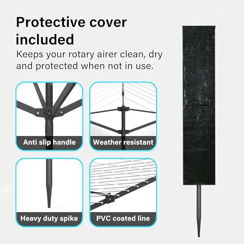 4 Arm 50M Rotary Washing Line Heavy Duty Clothes Airer Dryer for Outdoor & Garden, Folding Large Rotary Clothes Line with Metal Ground Spike and Cover, Black - Image 4