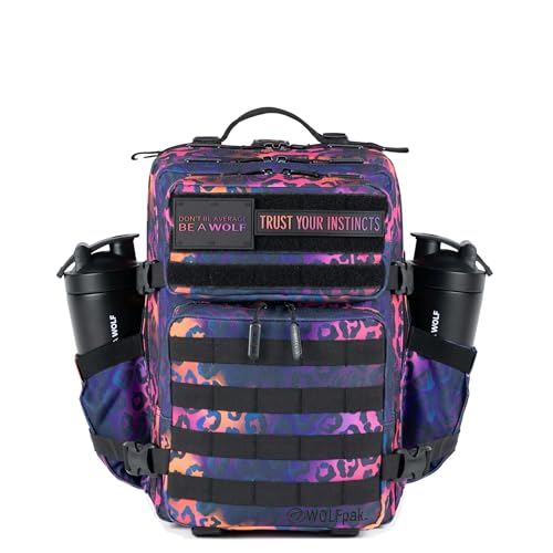 Image of WOLFpak 25L Athletic Gym Backpack - Durable 1000D Waterproof Oxford Material with MOLLE Webbing, Laptop Pocket & Dual Cup Holders, Durable Fitness /Travel /Military Daypack (Neon Leopard)