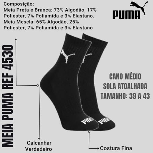 Kit 3X Pares Meia Cano Médio Atoalhada Ref 4530 Tamanho 39 a 43 - Puma (3X Preto)