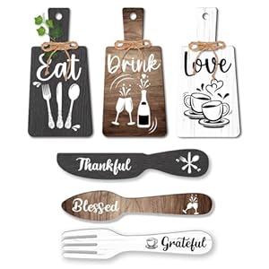 PH PandaHall 6pcs Kitchen Wall Decor Start Drink Sign Set Wood Pendant Accessories Mini Wood Plaque Fork and Spoon Shape Decorations Rustic Style Home Dector Black Brown White 11×5.5 inch/11.8×2 inch