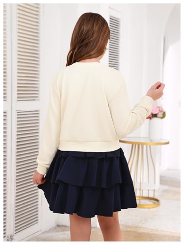 Image of OYOANGLE Girl's Cute 2 Piece Outfits Long Sleeve Bow Sweatshirts and Layered Ruffle Short Skirt Sets