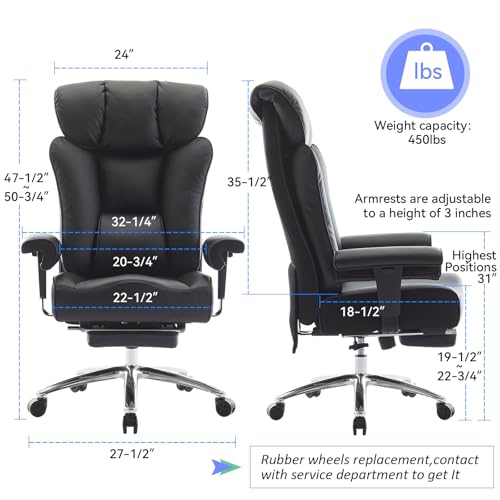 Efomao Ergonomic Office Chair 450LBS with Foot Rest, High Back PU Leather Executive Office Chair with Adjustable Armrests, Lumbar Support for Home or Work, Computer Chair, Black