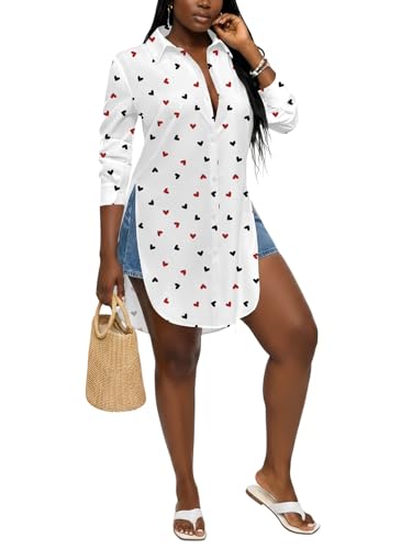 Image of LYANER Women's Collar Neck Long Sleeve Button Down Shirts Sexy Split Hem Tops Long Blouse Shirt Dress