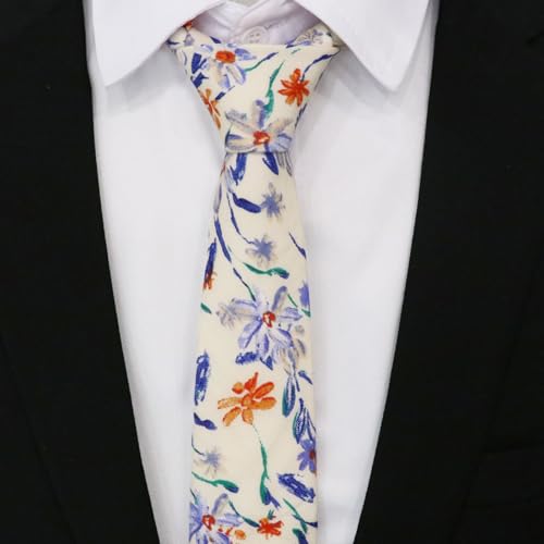 Image of Cotton Floral Ties for Men 2.76 inch Men's Skinny Tie Linen Flower Printed Neck Tie for Wedding Dating Party