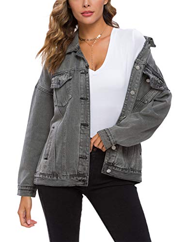 Cantonwalker Loose Women's Denim Jackets,Oversize Vintage Washed denim jacket,Long Sleeve Distressed Boyfriend Denim Jacket (Matte Black Washed, M)â€¦â€¦